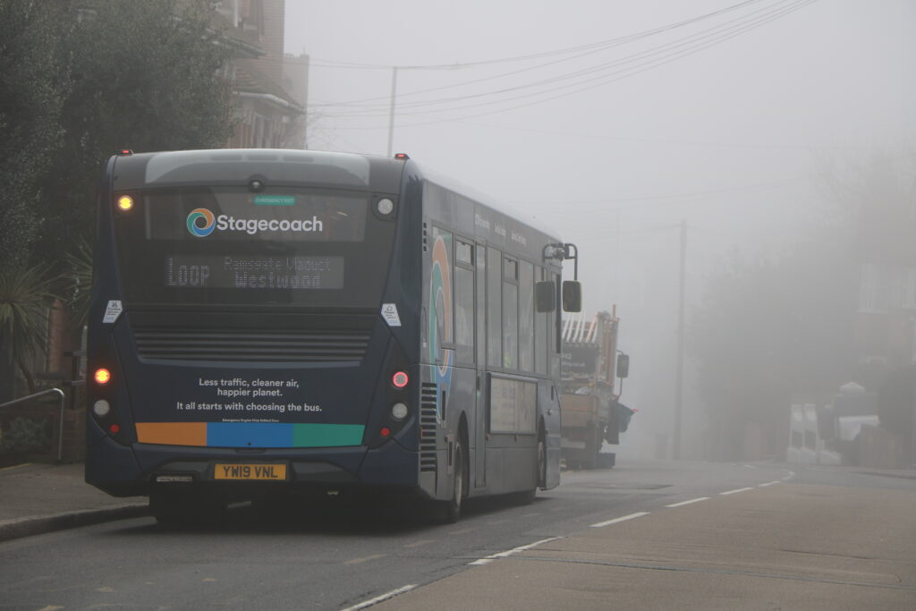 A bus in Broadstairs on a foggy day.
